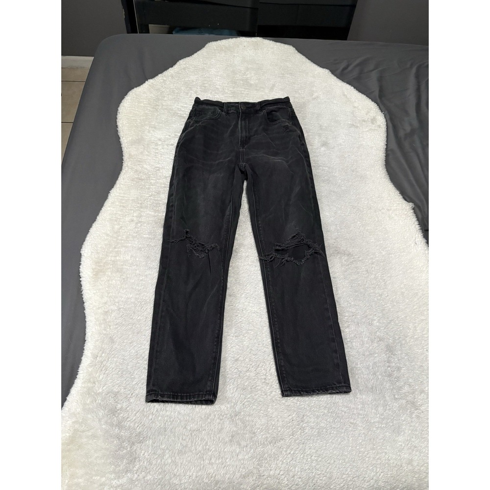 American Eagle‎ Mom Straight Jeans Black Ripped Size 00 Short Pants Stretch